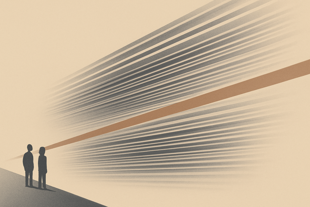 Abstract illustration of emotional velocity in digital conflict with small silhouettes dwarfed by diagonal motion lines symbolizing acceleration and structural influence.