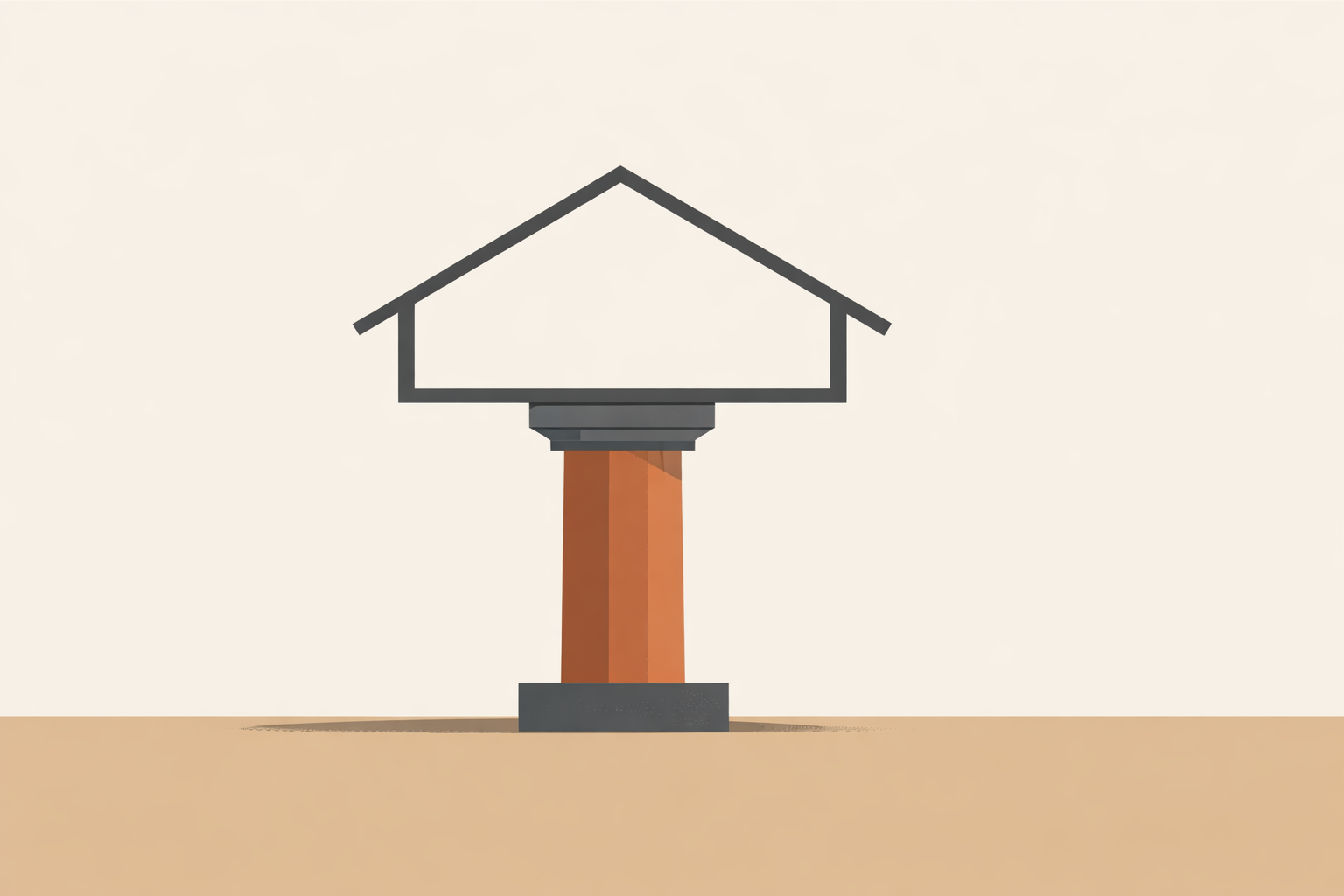 Foundation and structure illustrated through a minimalist architectural house supported by a single load-bearing pillar.