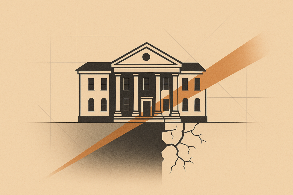 Minimalist illustration of a historic college building on a divided foundation, symbolizing shifts in public funding for higher education.