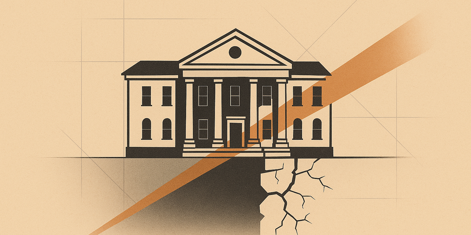 Minimalist illustration representing the history of free college in America through a divided foundation under a historic campus building.
