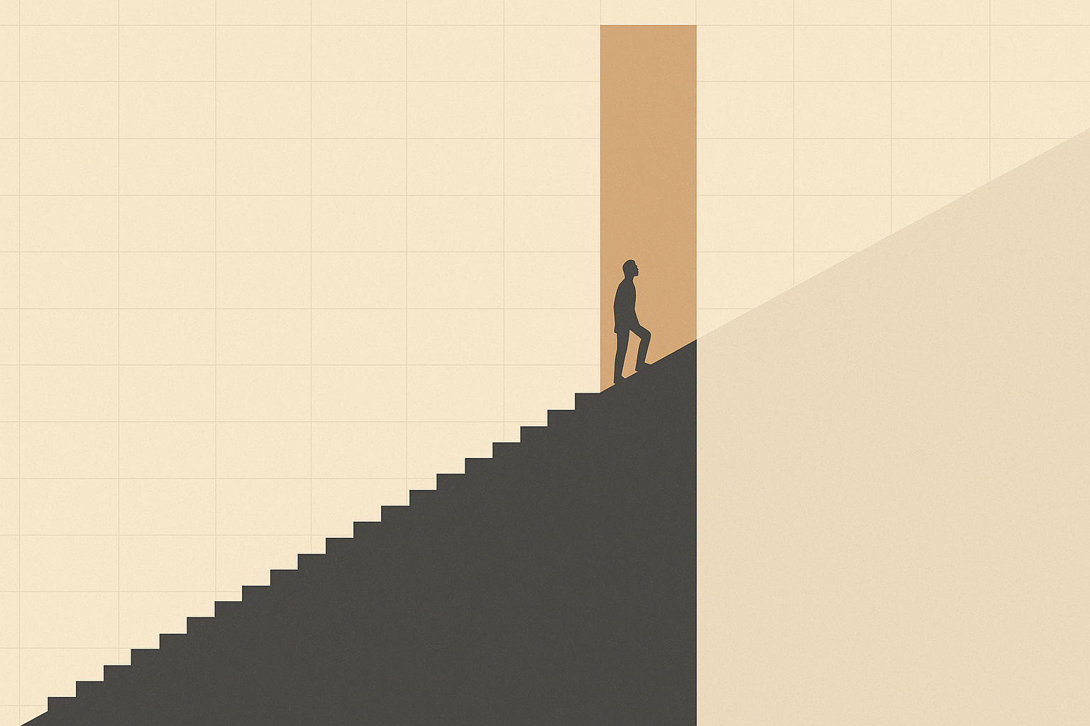 Minimalist illustration of a figure climbing a staircase in the middle of progress.
