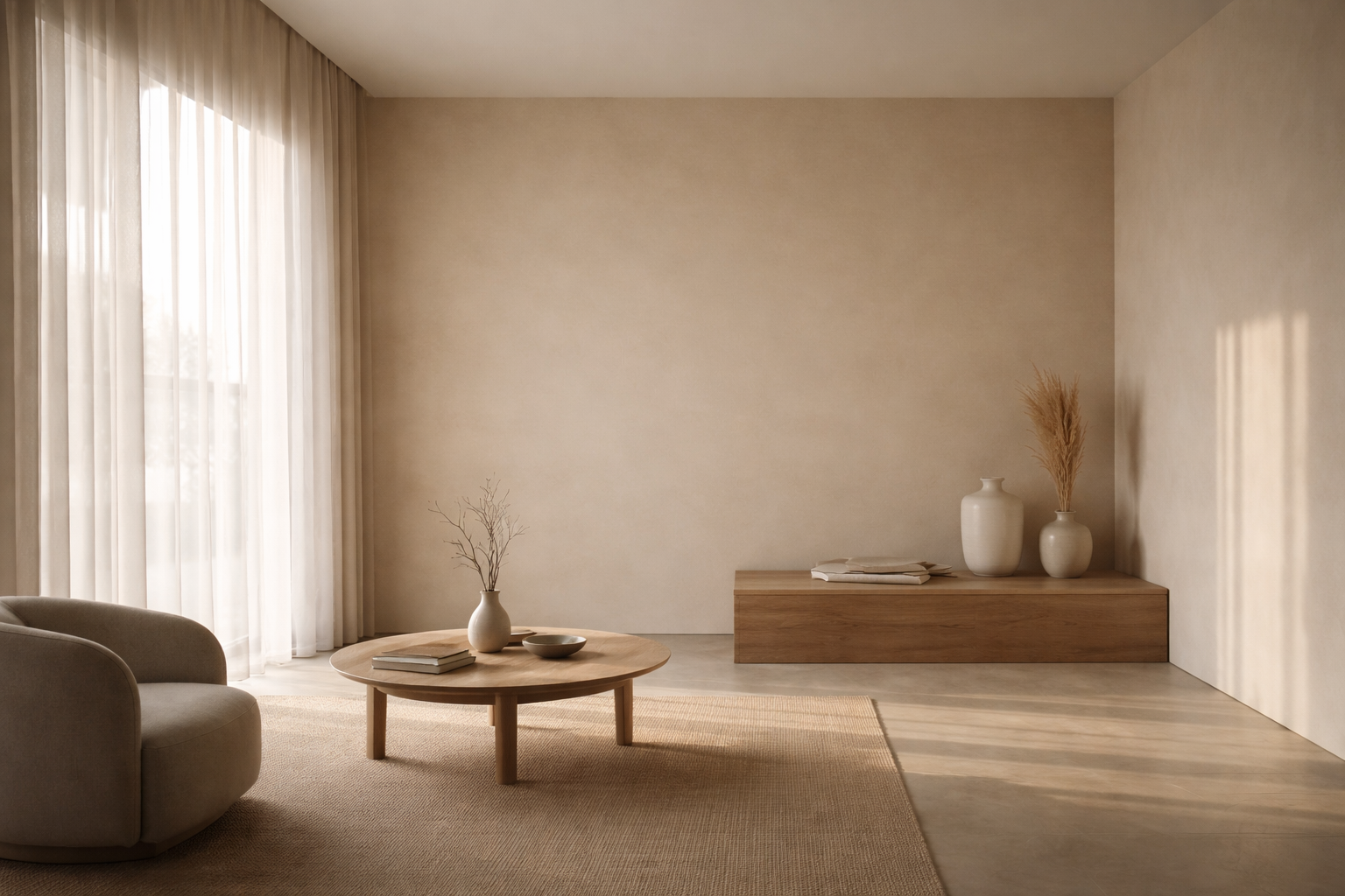 Happiness is solitary work shown through a minimalist interior with soft natural light, warm neutrals, and quiet inner alignment.