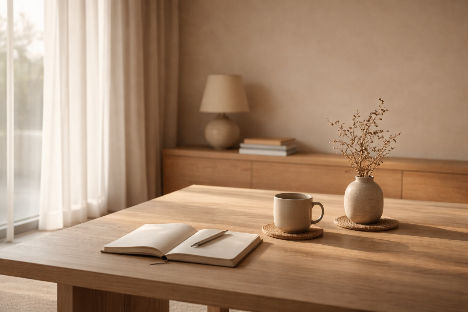 Minimalist interior with soft afternoon light and subtle signs of use, representing how happiness must be renewed through calm recalibration and inner steadiness.