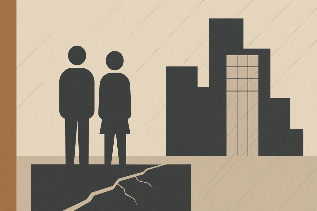 Minimalist illustration showing two abstract figures standing on a subtly cracking platform, symbolizing hidden risks in DINK life.