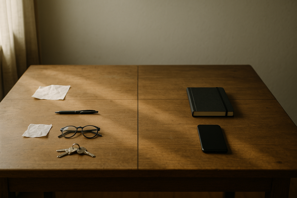Photorealistic wooden table with a clean boundary line separating neatly arranged items from scattered objects, symbolizing holding the line and maintaining boundaries.