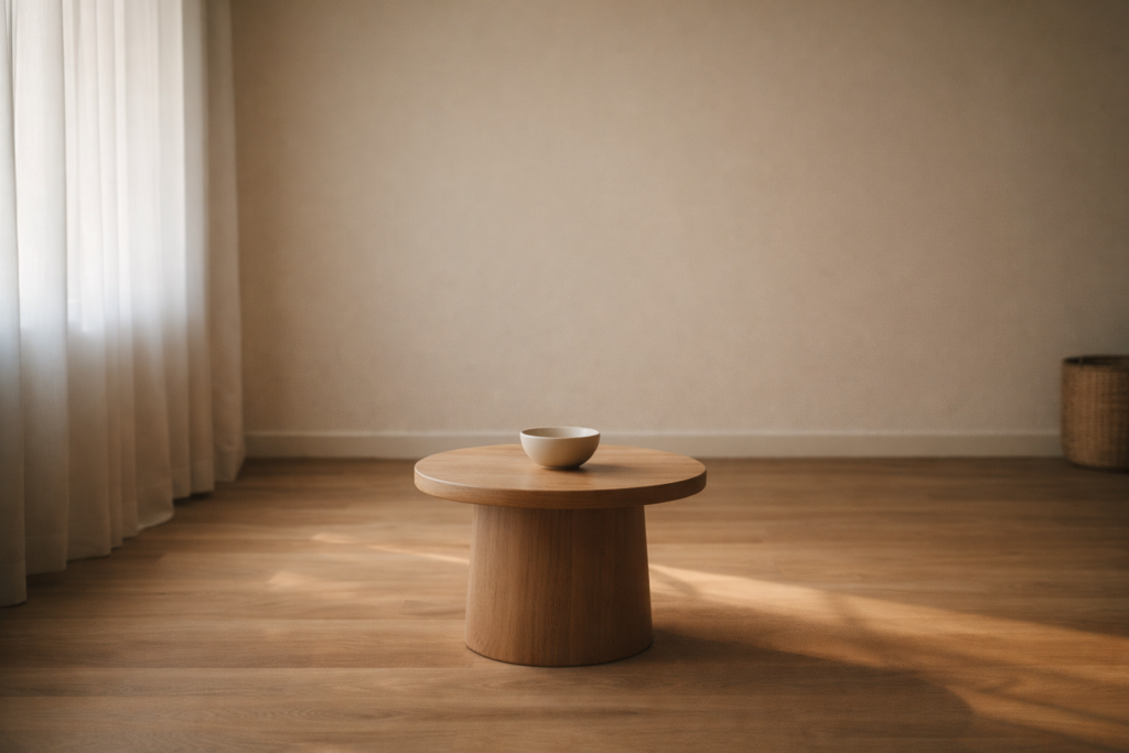 Minimalist interior with a centered wooden table and ceramic bowl, symbolizing steadiness, balance, and holding the center at home.