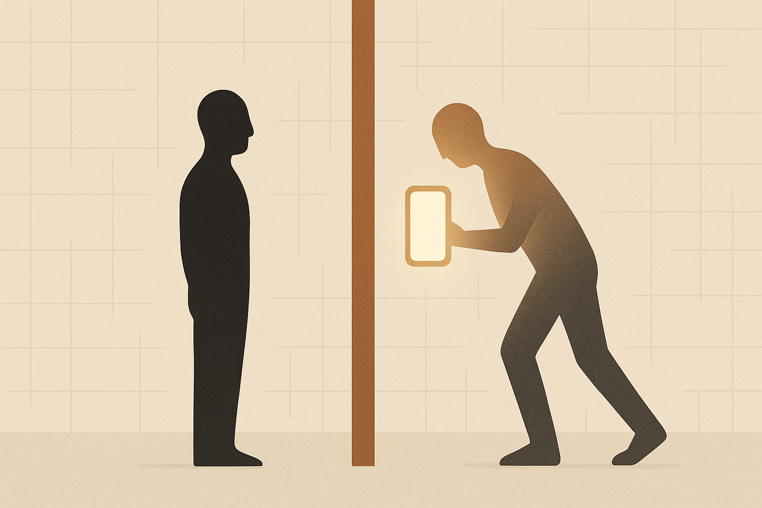 Minimalist illustration of insecurity vs respect showing two silhouettes separated by a structural boundary beam