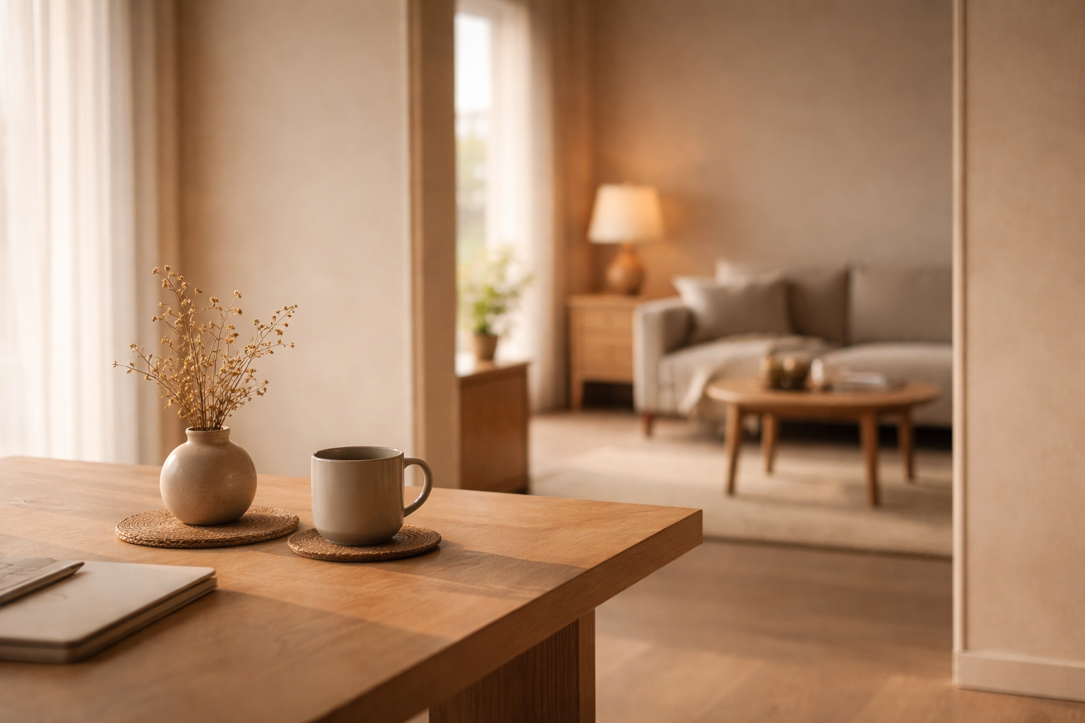 Joy is shared energy shown through a minimalist interior with warm light touching two connected spaces, symbolizing relational presence and connection.