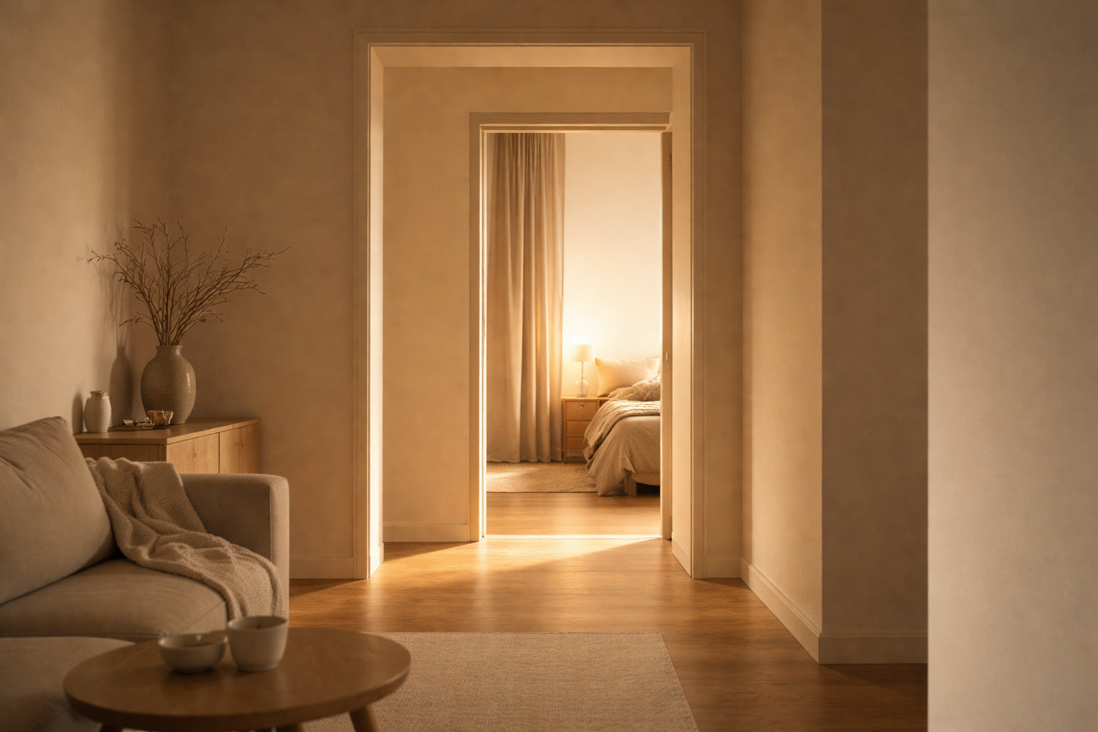 Minimalist interior with warm light crossing an open doorway, illustrating how joy requires risk, openness, and the courage to move between spaces.