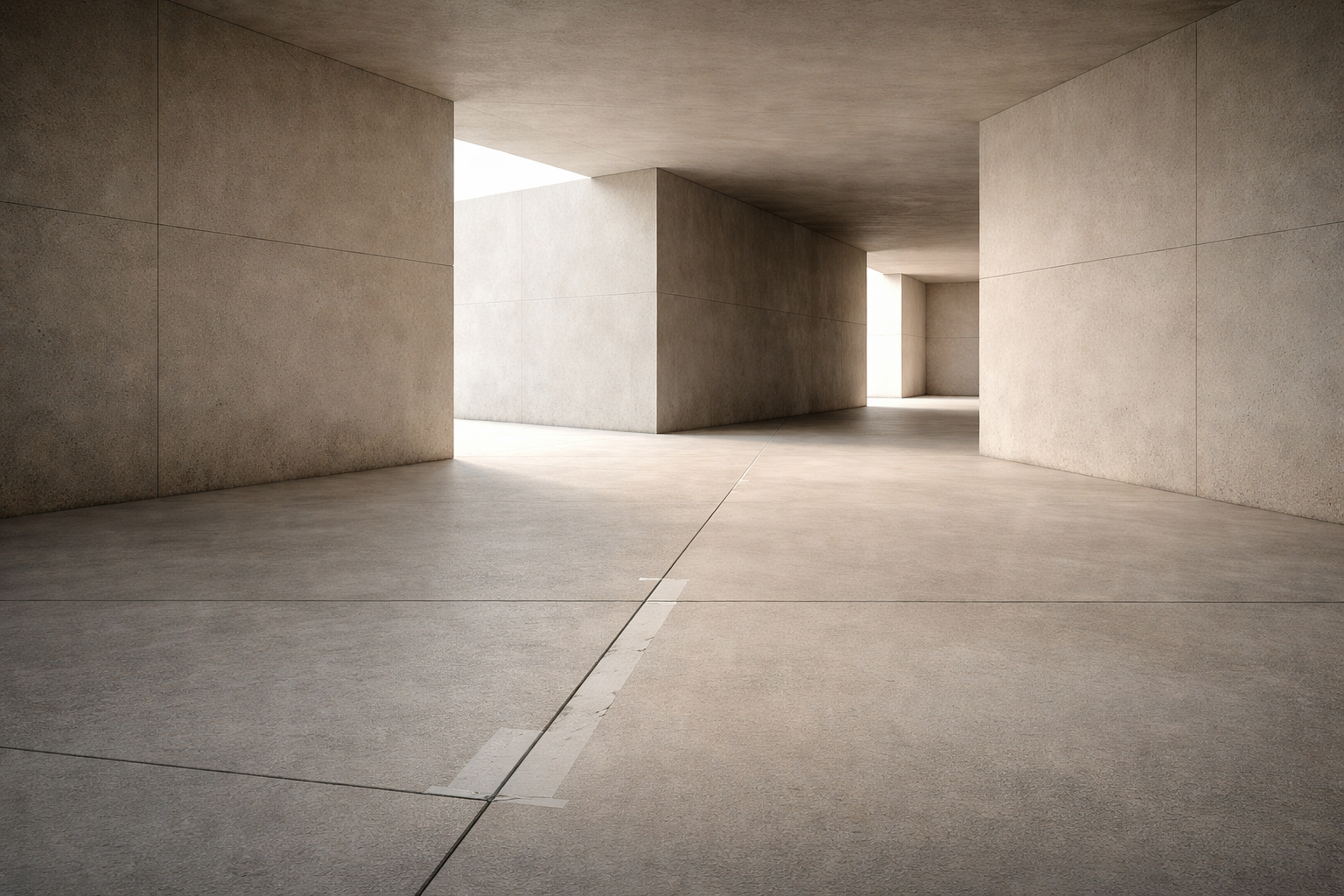 Minimalist architectural corridor with refined alignment and repaired structure, symbolizing learning from decisions that did not work.