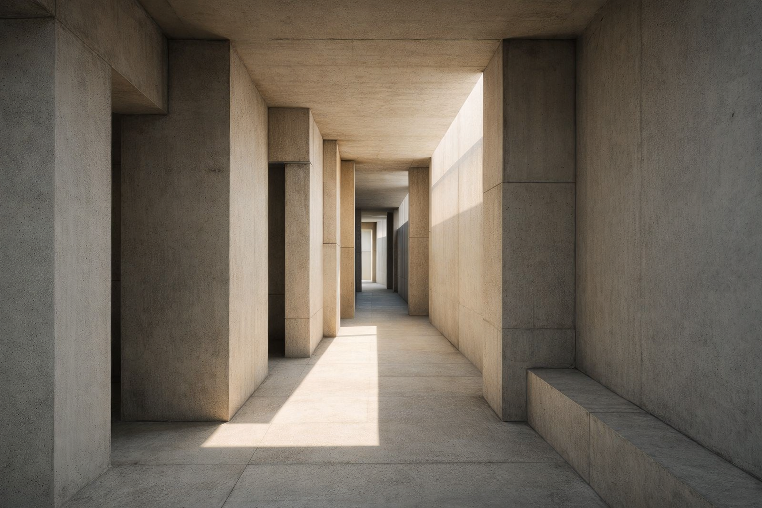 Minimalist architectural corridor operating within tight structural limits, symbolizing learning under constraint, adaptive capability, and calm focus under pressure.