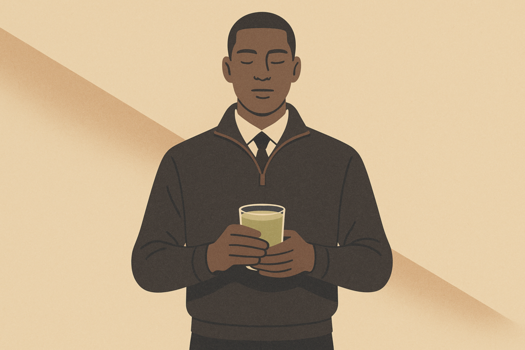 Minimalist illustration of a young Black man in a quarter zip holding a matcha latte, symbolizing matcha masculinity and the new calm code.
