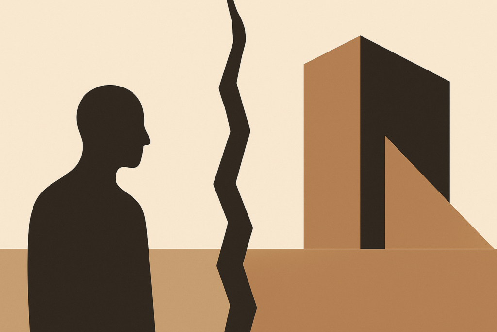 Abstract minimalist illustration of a divided plane symbolizing the misandry drift, with personal pain on one side and public narrative on the other.