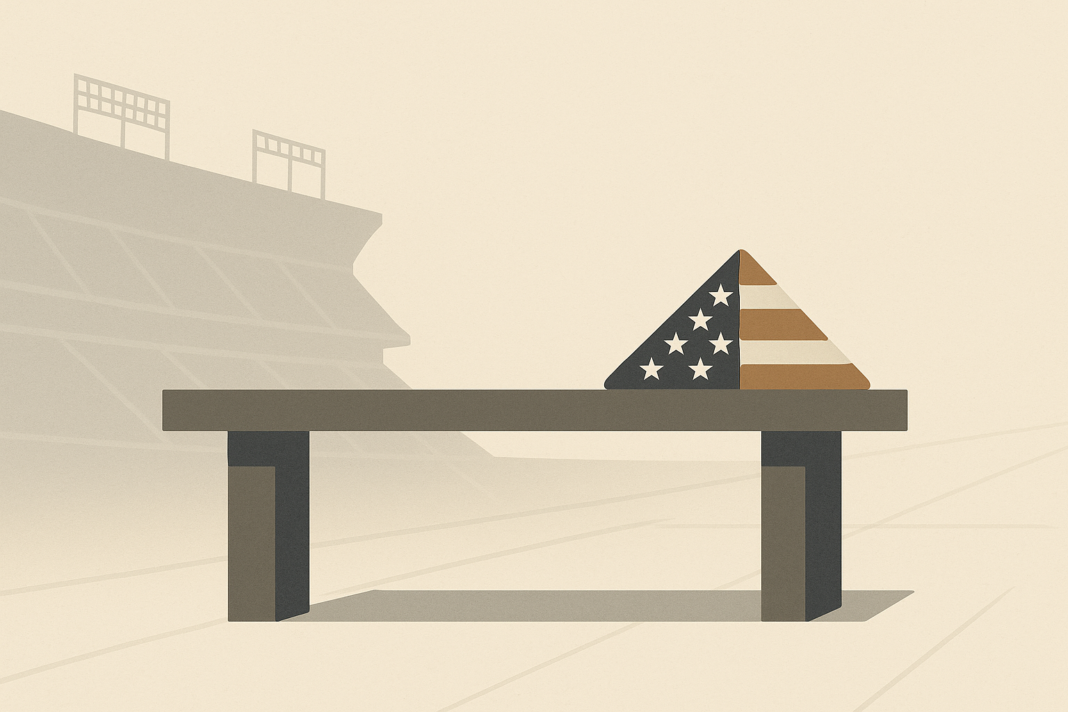 Pentagon NFL patriotism illustrated through a minimalist stadium and folded American flag after government payments ended.
