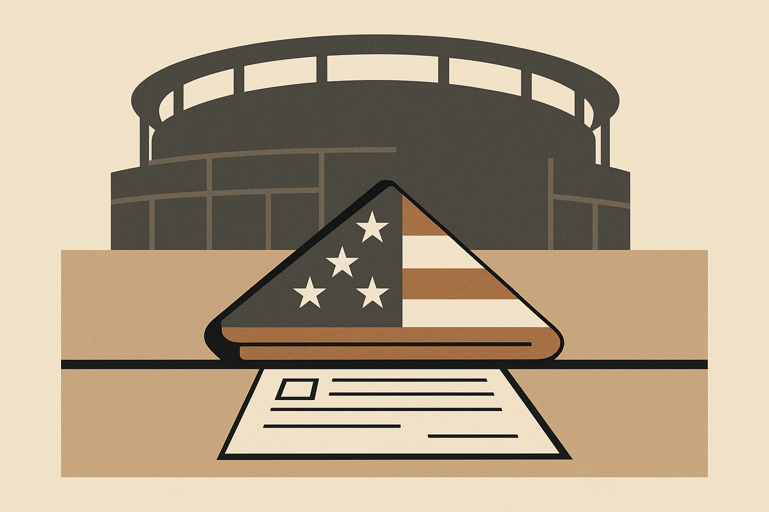Minimalist illustration showing paid patriotism in American sports with a folded American flag and abstract stadium