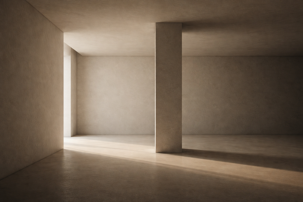 Minimalist architectural interior with a single structural column, symbolizing peace as infrastructure and personal boundaries.