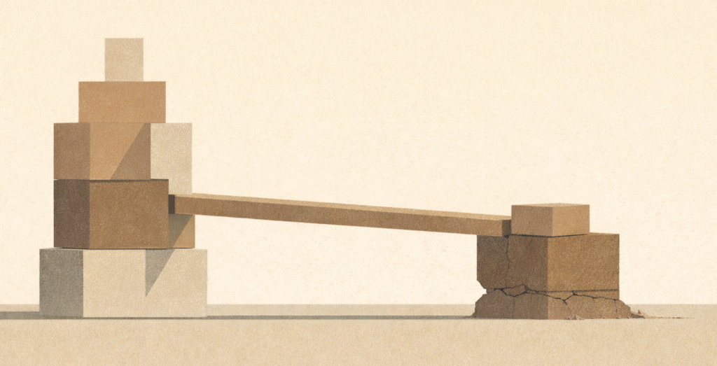 Minimalist architectural illustration showing costs transferring from one structure to another within a system.