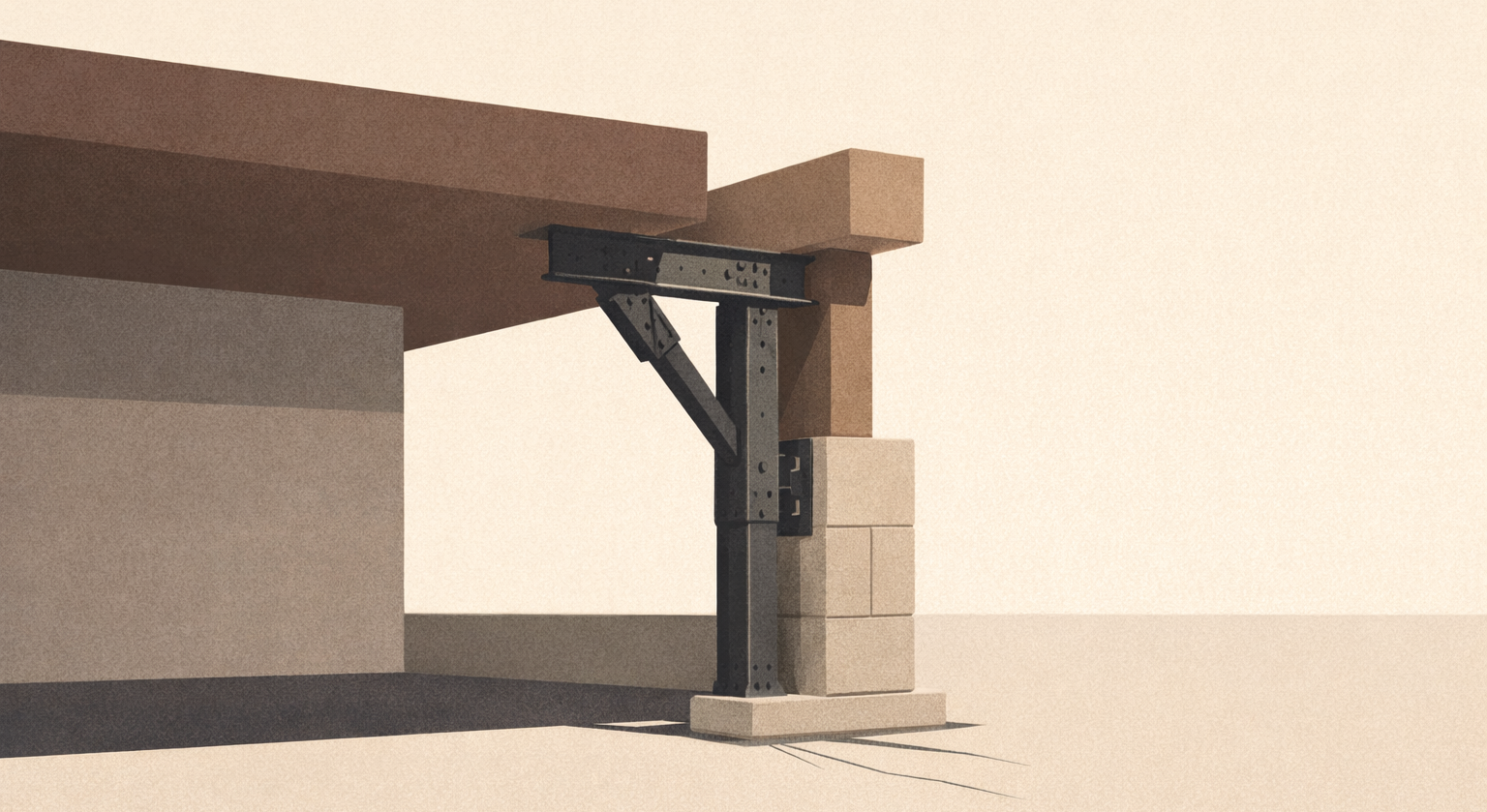 Minimalist architectural illustration showing a new structural support bearing visible weight, representing the cost of reform becoming explicit within a system.