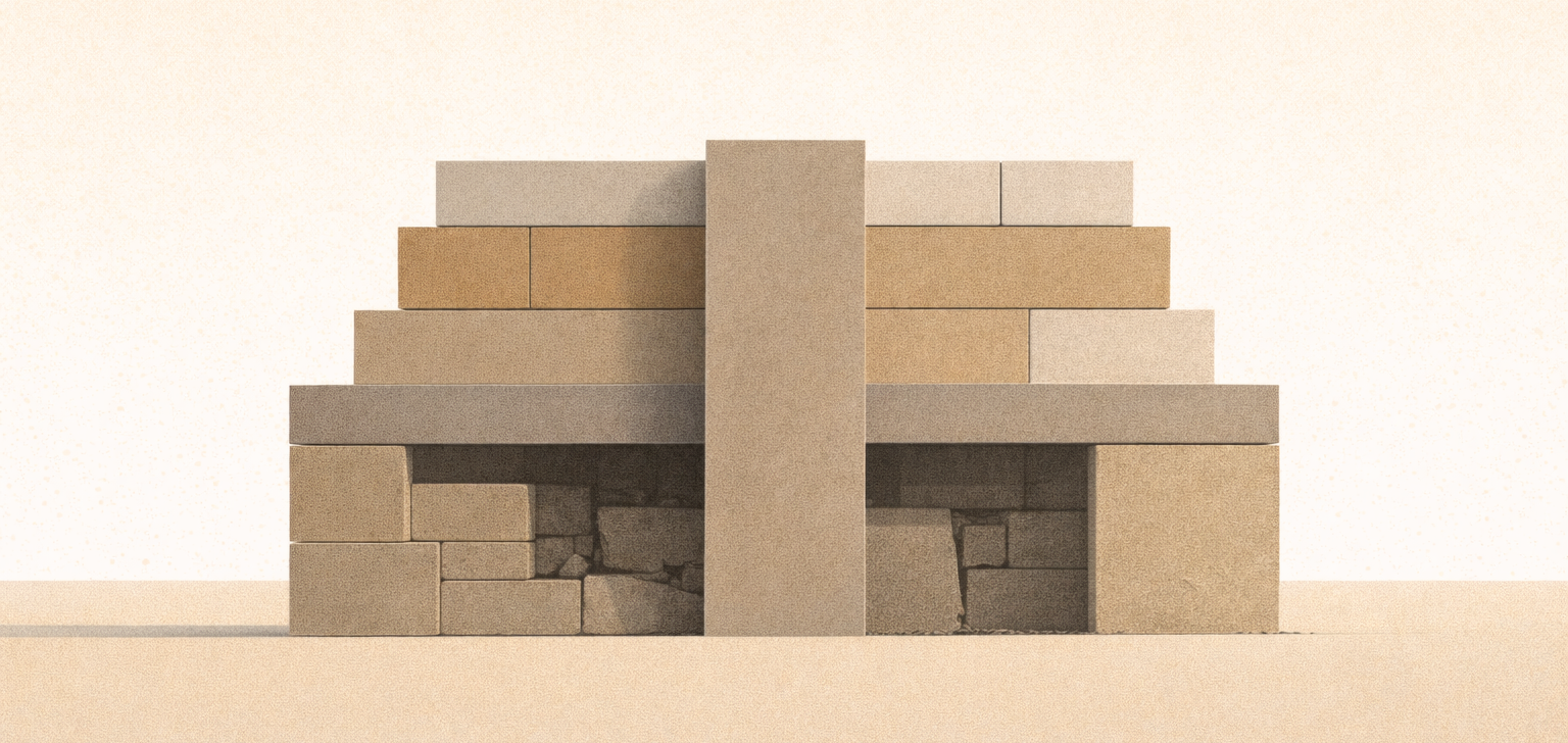 Minimalist architectural illustration showing a central barrier obscuring strain below, representing silence as infrastructure within a system.