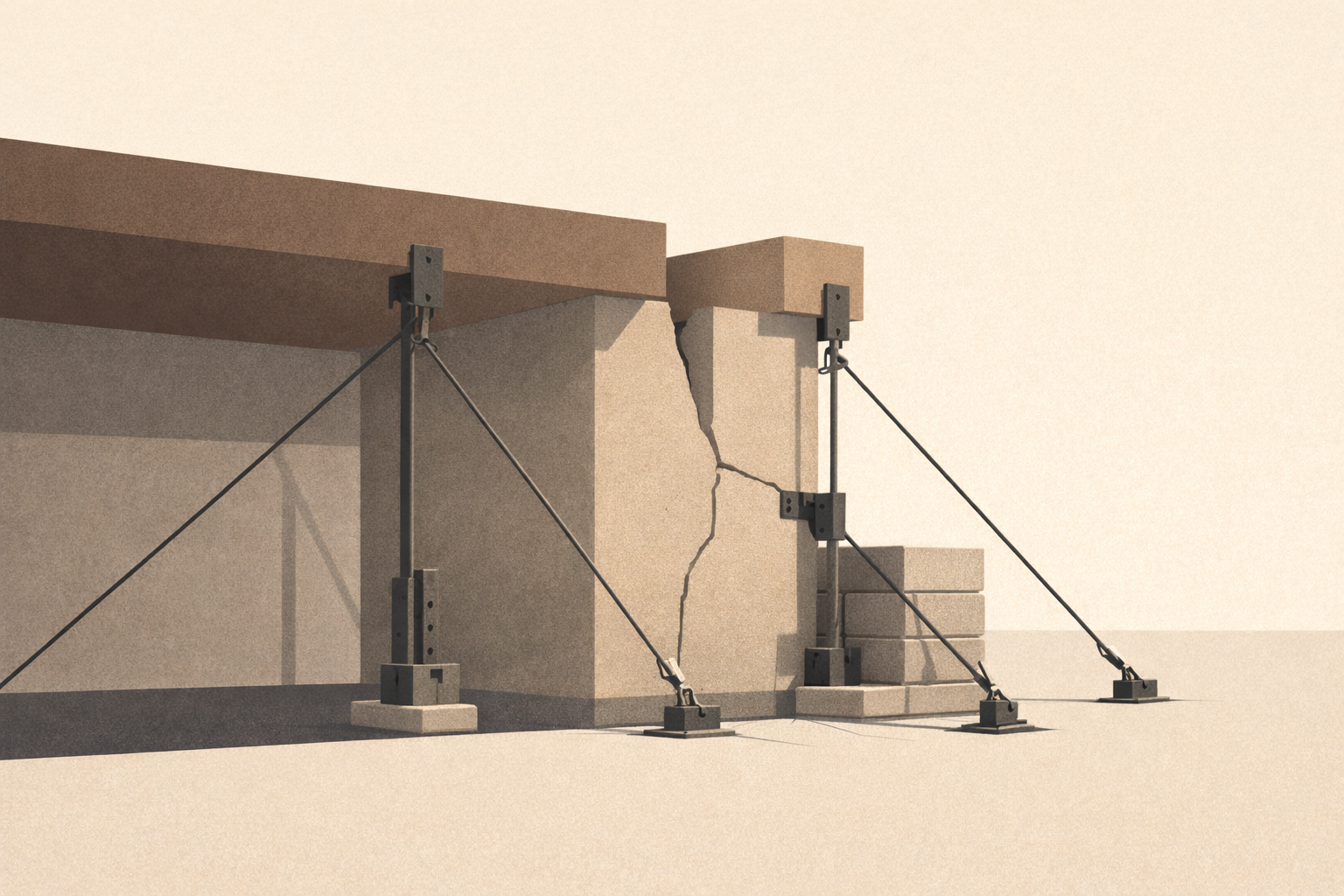 Minimalist architectural illustration showing a damaged structure held upright by braces and tension elements, representing the cost of defending stability instead of repairing failure.