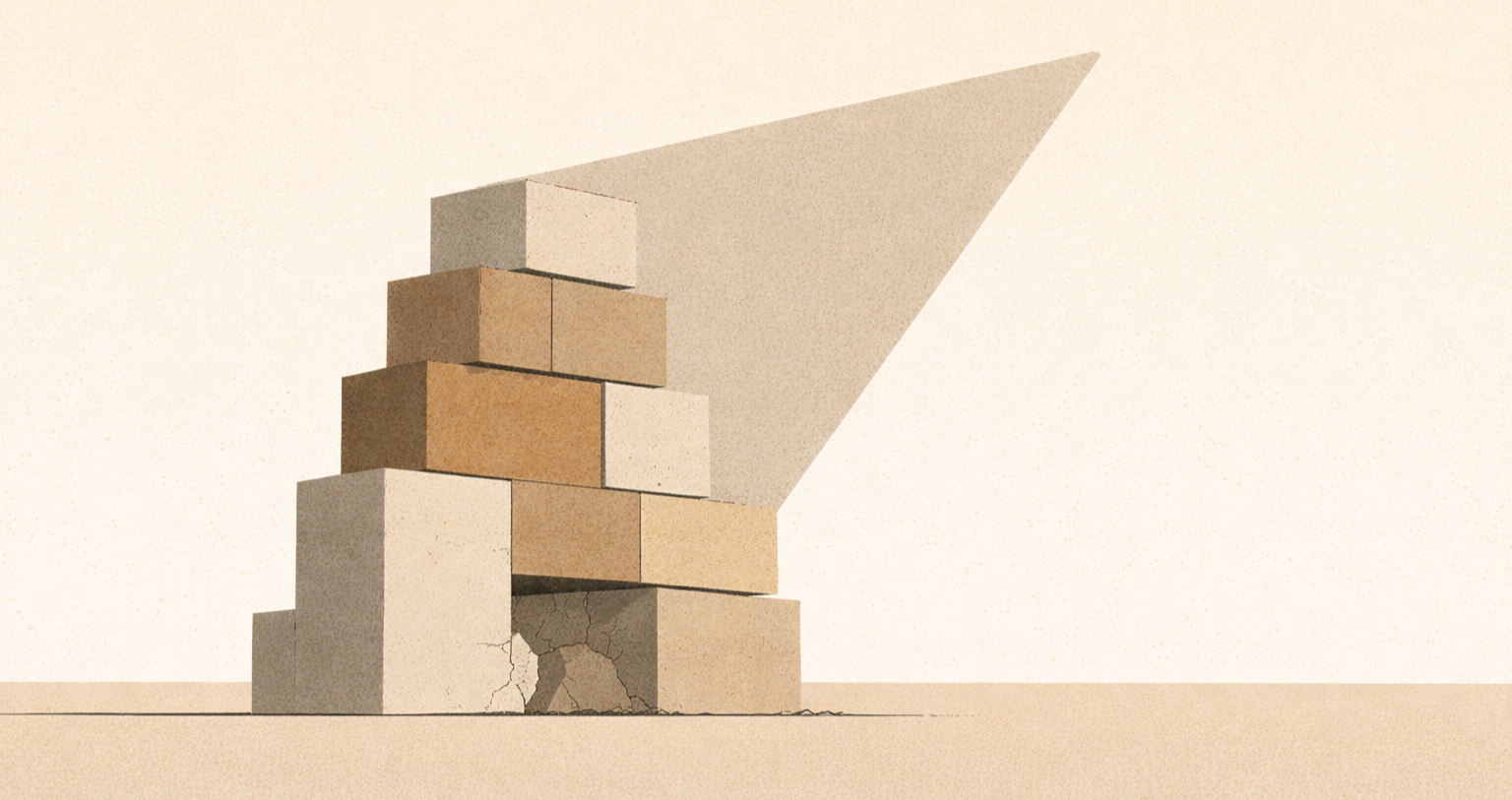 Minimalist architectural illustration showing blame shifting after system failure, with damage obscured by an upper structure.