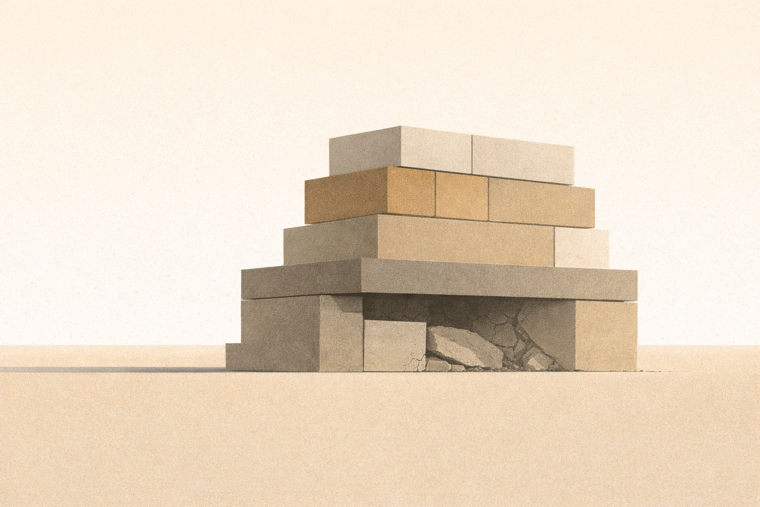 Minimalist architectural illustration showing who benefits when blame moves, with an elevated structure remaining stable above a strained base.