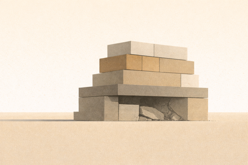 Minimalist architectural illustration showing an elevated structure remaining stable above a strained base, representing who benefits after blame successfully shifts.