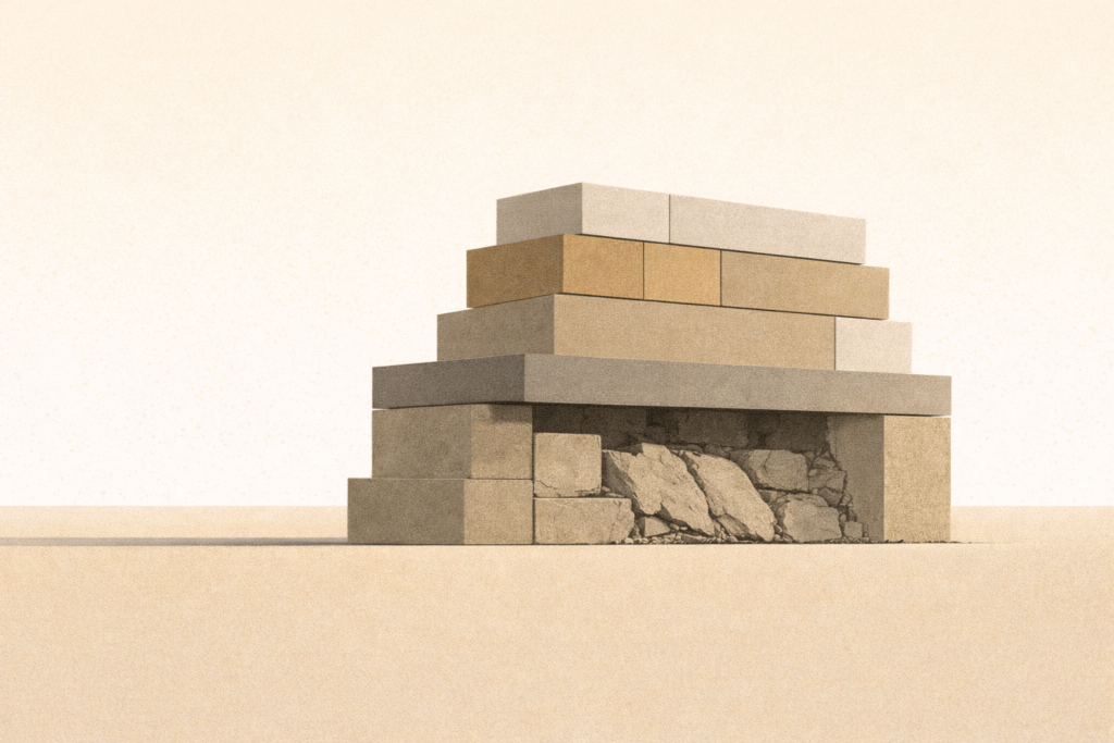 Minimalist architectural illustration showing a strained lower structure continuing to bear weight beneath stable upper platforms, representing who keeps paying after system failure.