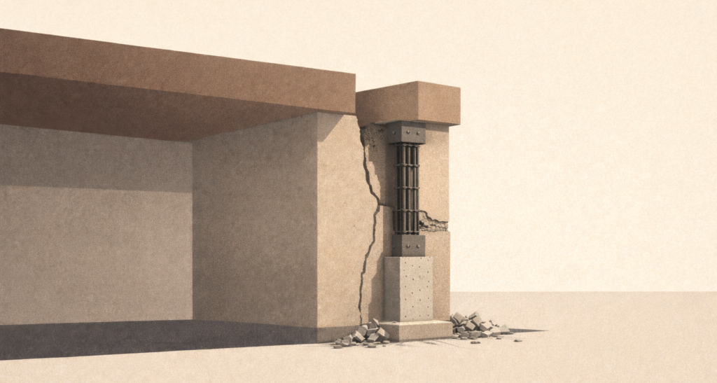 Minimalist architectural illustration showing a damaged structure being actively repaired, representing responsibility and cost finally landing after system failure.