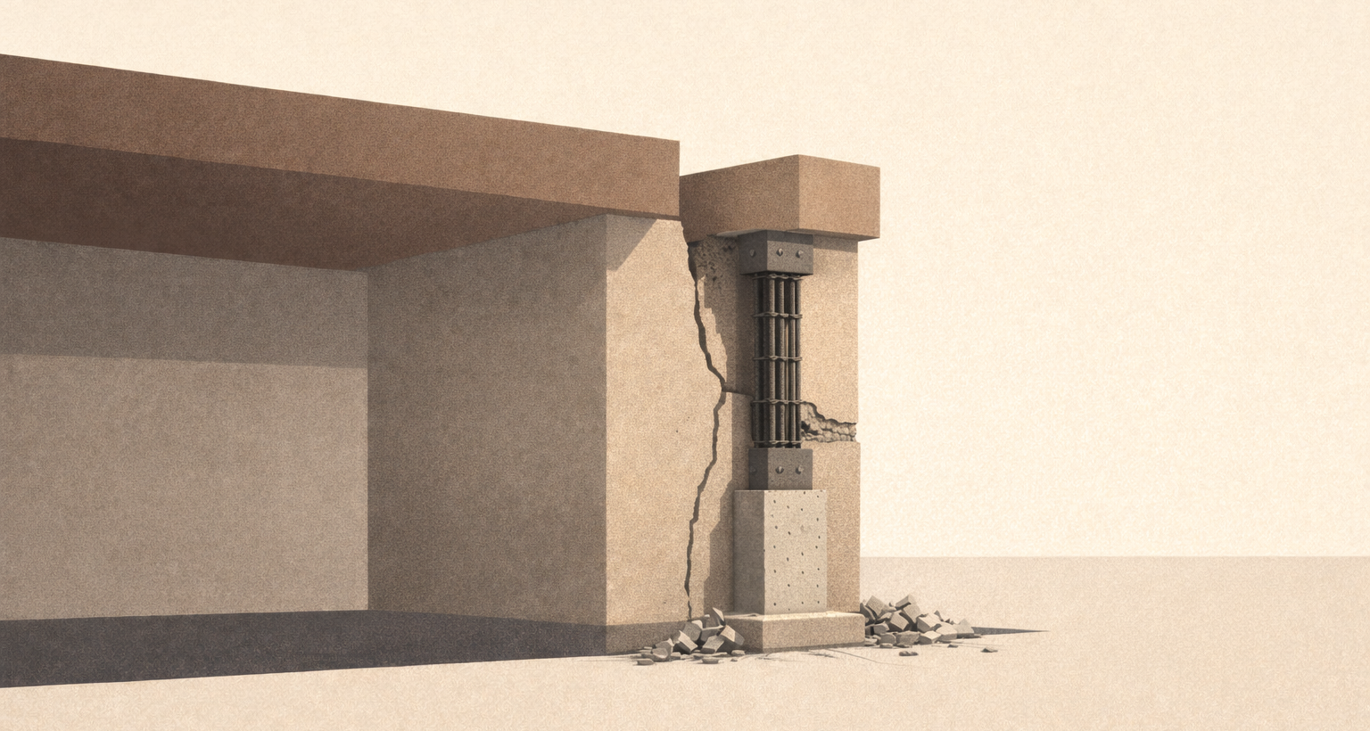 Minimalist architectural illustration showing who pays to fix what broke through visible structural repair and accountability