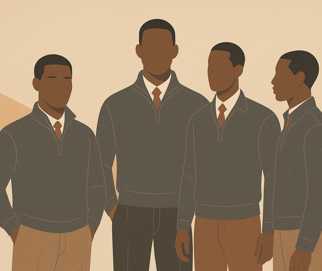 Minimalist illustration of several young Black men standing in modern quarter-zip attire with button-ups and ties, symbolizing the shift from YN to YG in the Quarter Zip Movement.