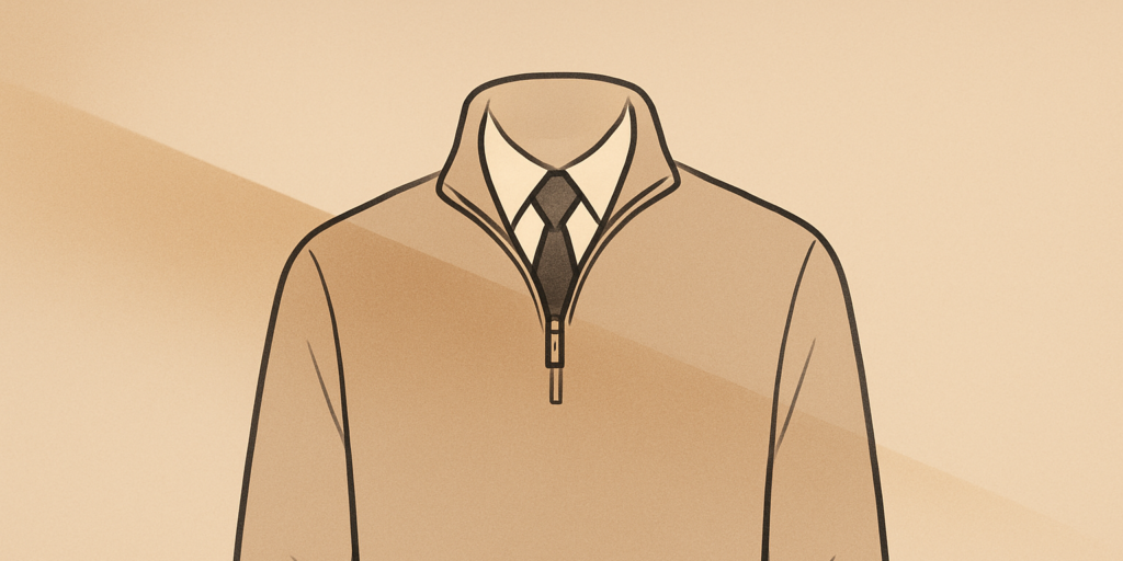 Minimalist quarter-zip silhouette in warm sand and soft charcoal, designed as a sidebar identity marker for the Quarter Zip Movement.