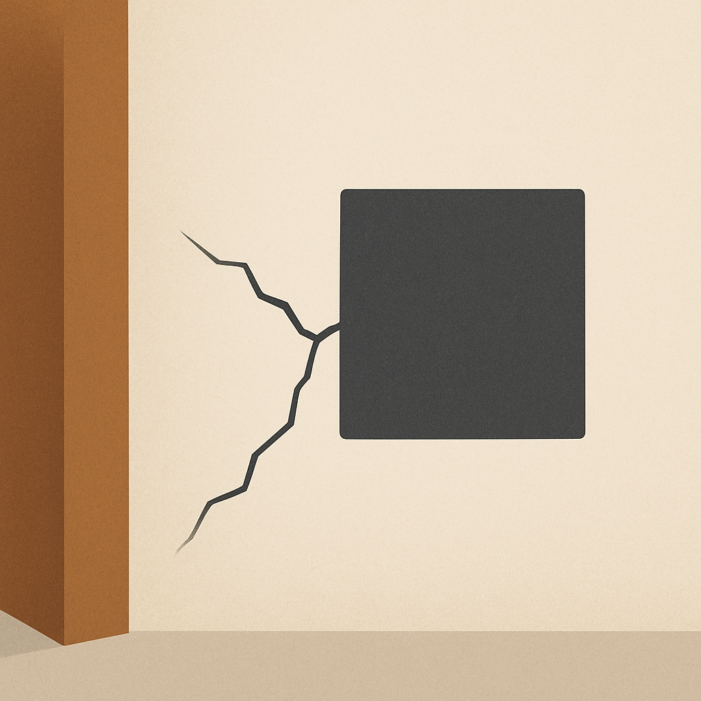 Quiet maintenance as structural care, shown through a minimalist architectural wall with a small, precise repair patch and a clay brown support beam.