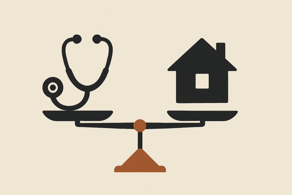 Minimalist illustration showing a balance scale with a stethoscope and a house silhouette, symbolizing the role of male nurses in balancing care, stability, and responsibility.