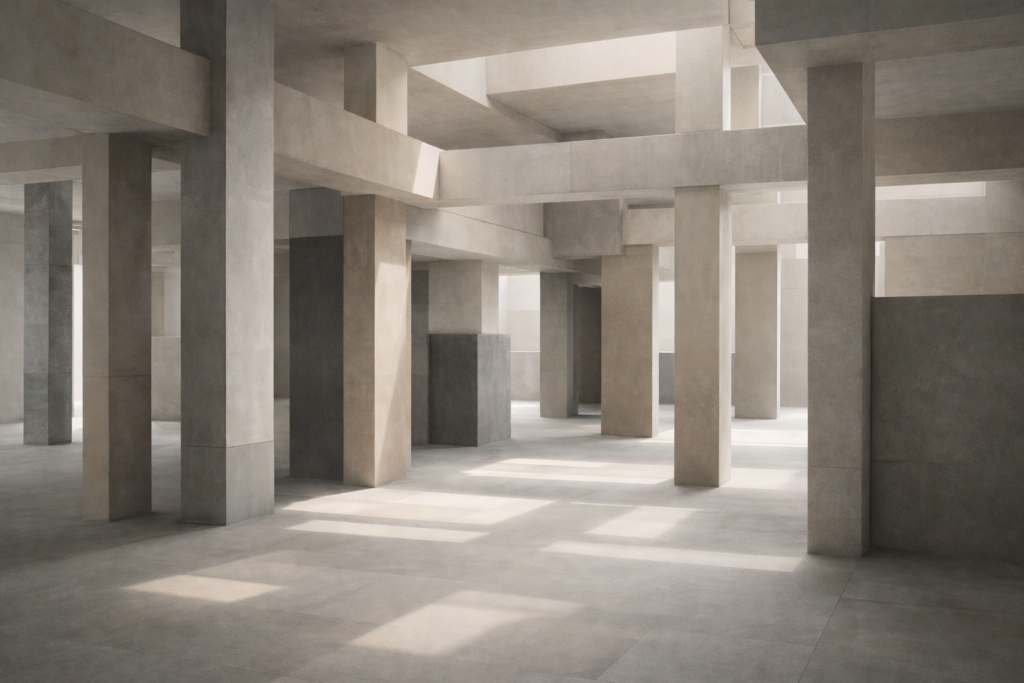 Shared accountability illustrated through a minimalist architectural system with evenly distributed structural supports and no central authority.