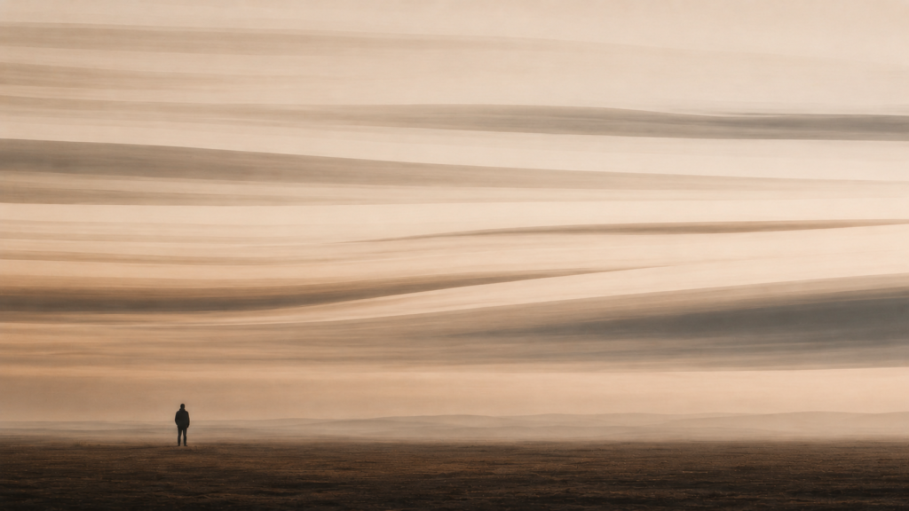 Minimalist atmospheric illustration showing uneven horizontal sky bands above a solitary silhouette, representing distortion as an internal weather condition where proportion changes before reality.