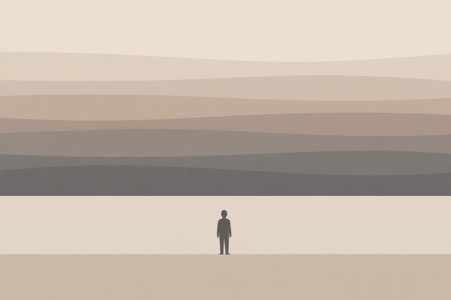 Minimalist illustration with a centered human silhouette beneath repeating horizontal sky bands, symbolizing emotional forecasting and anticipatory awareness.