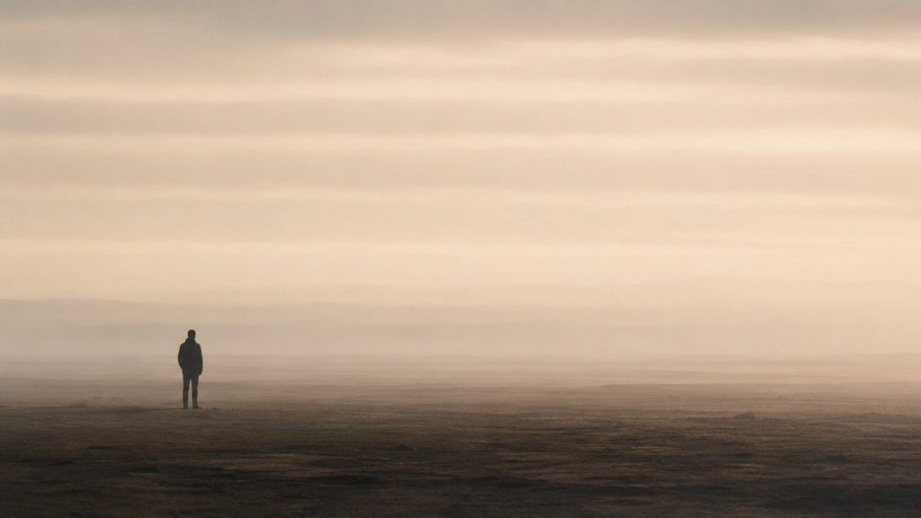 Minimalist illustration of a solitary figure standing beneath layered atmospheric bands as distant visibility gradually fades, representing the internal condition of fog in The Soul Weather Report.