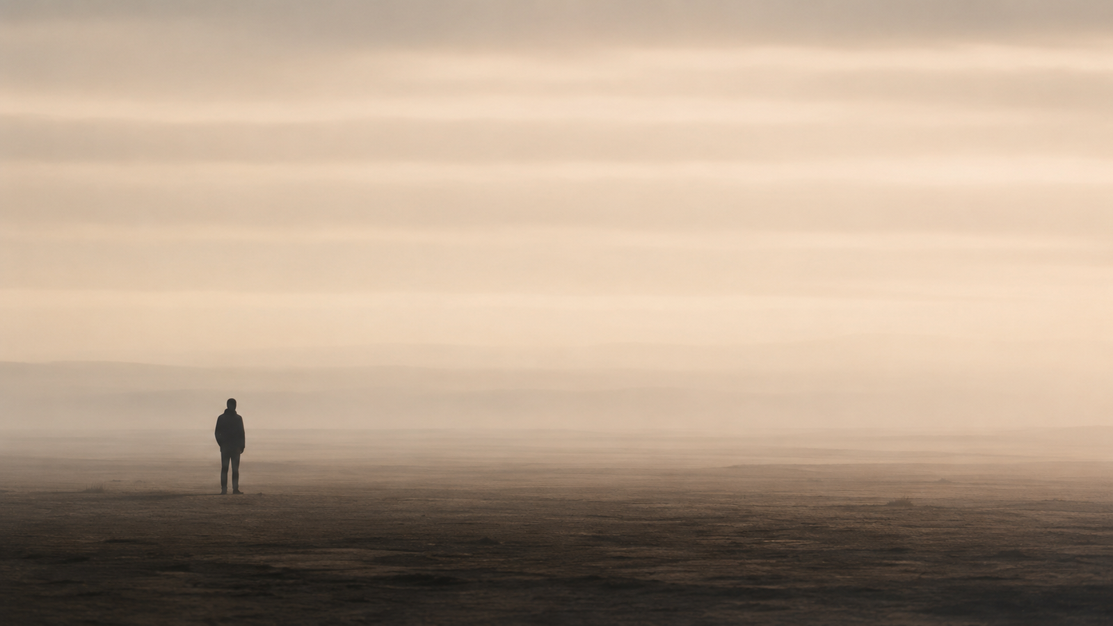 Minimalist atmospheric illustration representing The Soul Weather Report fog condition, with a solitary silhouette beneath diffused horizontal sky bands and reduced visibility.