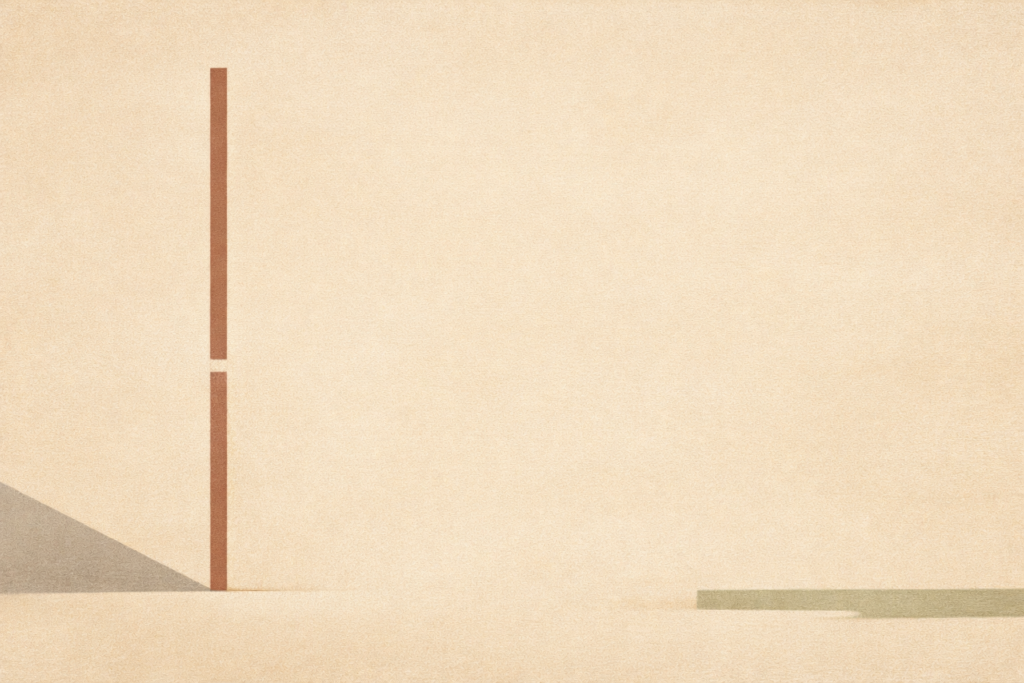Minimalist architectural illustration showing a fading vertical line on a warm sand background, symbolizing restraint, silence, and withdrawn attention.