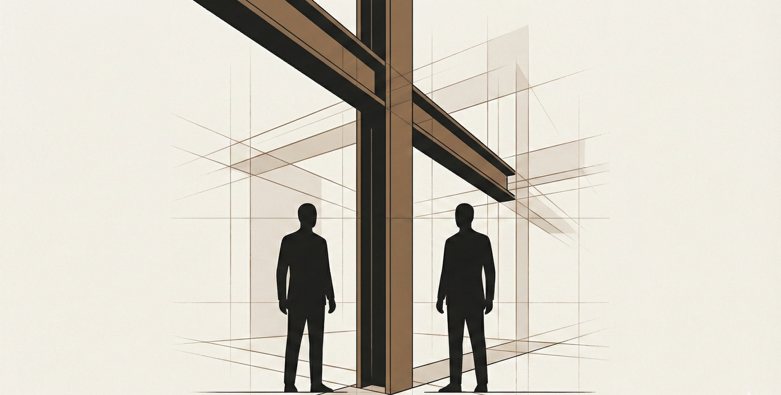 Minimalist illustration of two silhouettes divided by a central structural beam, symbolizing relationship boundaries and stability.
