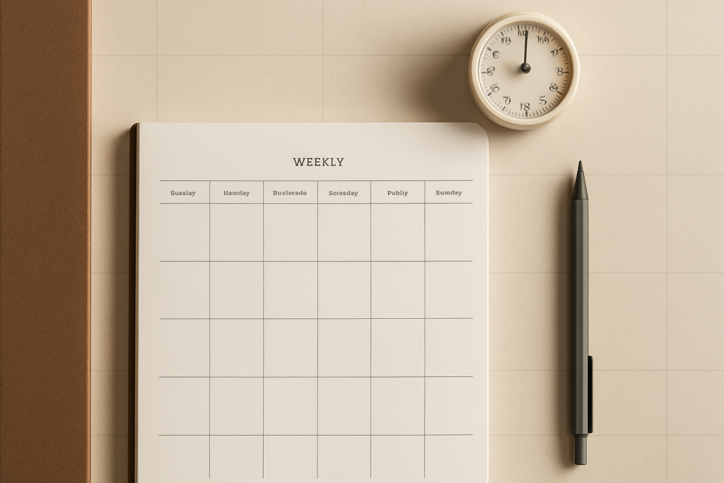 A structured desk scene with an open weekly planner, pencil, and timer beside the Groundwork Daily clay-brown beam, symbolizing disciplined planning.