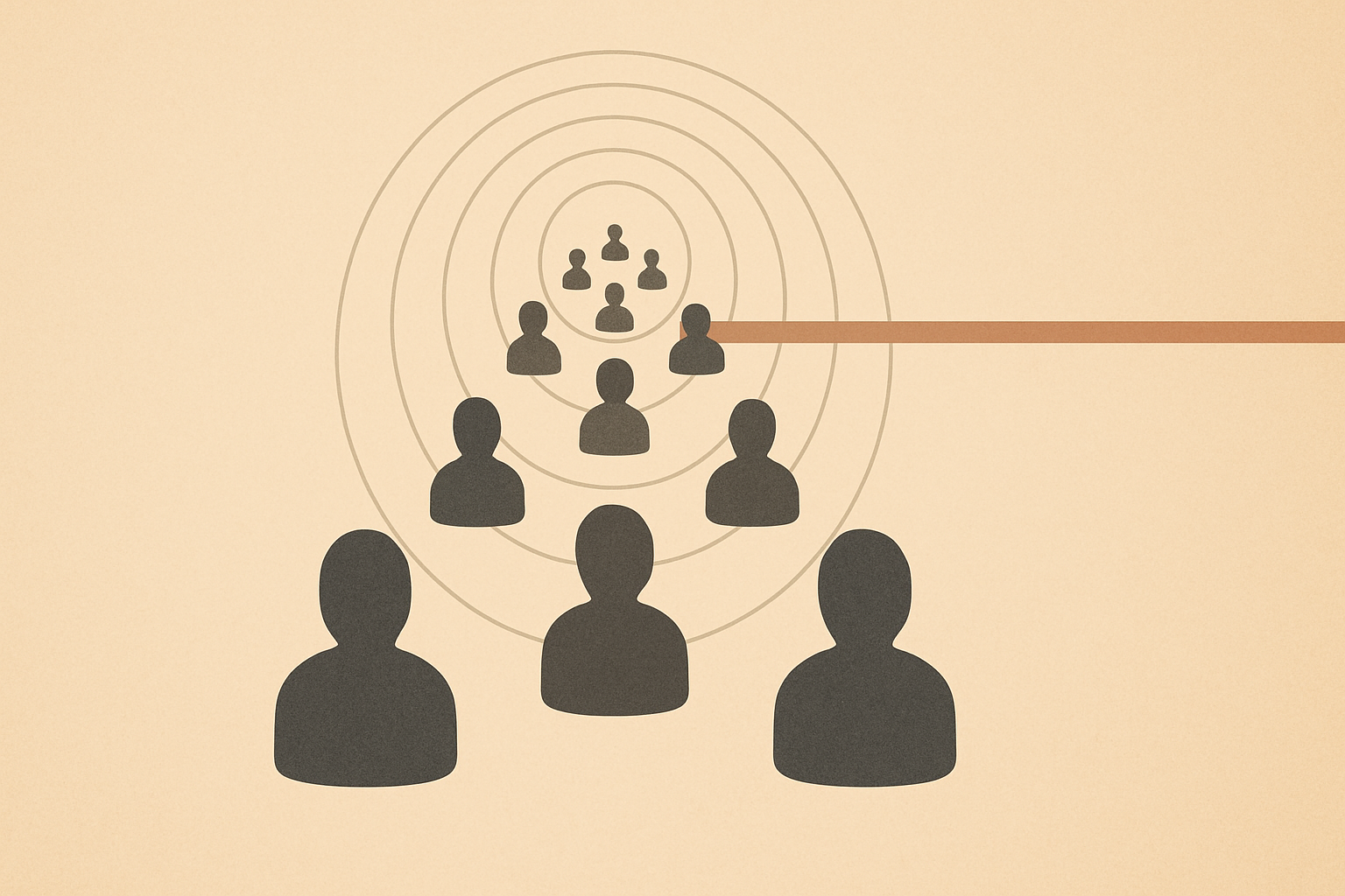 Minimalist illustration showing a cluster of repeating silhouettes that shrink as they move outward, symbolizing the illusion of digital consensus.