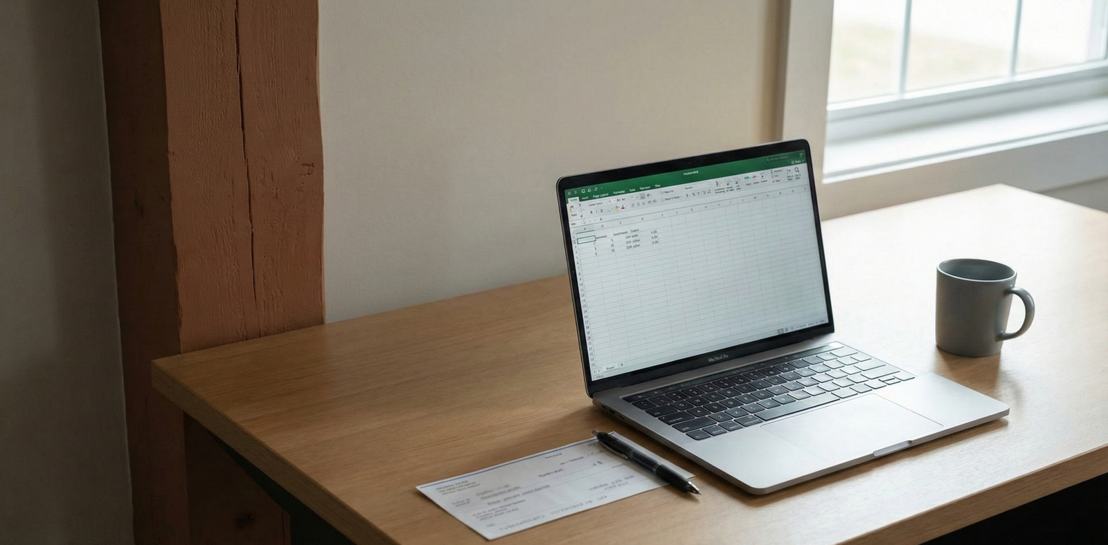 Workspace scene with laptop, paycheck stub, pen, and structural beam symbolizing the 9-to-5 entrepreneur using salary as leverage