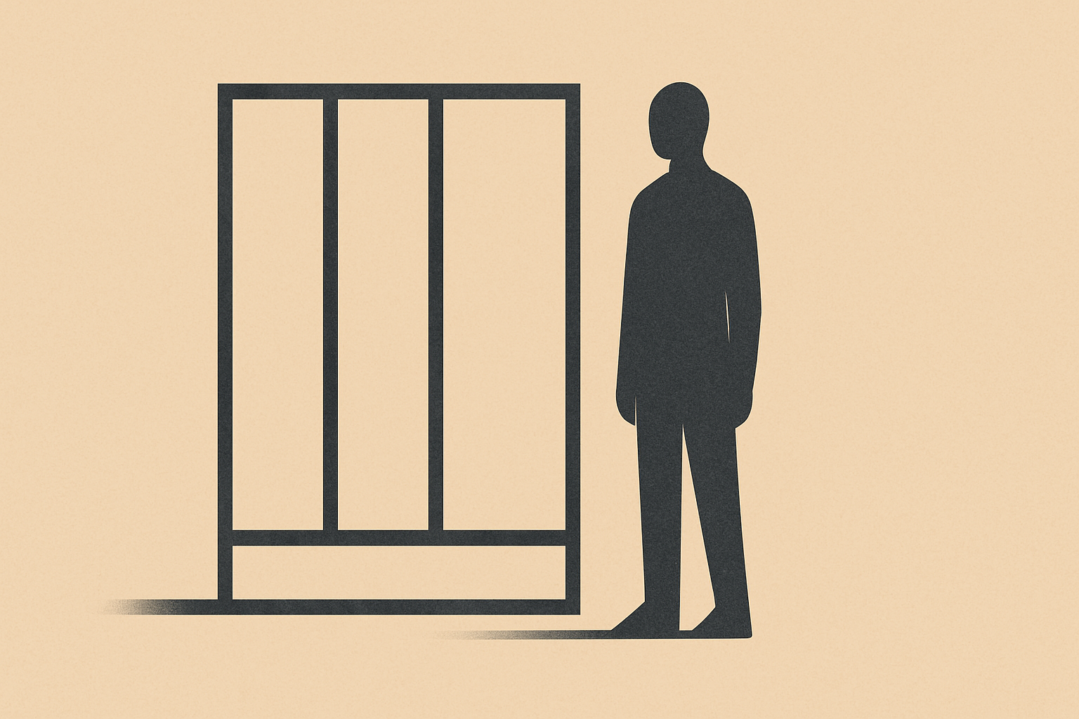 The Architecture of a Boring Person Illustration Minimalist illustration of an abstract figure standing beside a geometric frame that suggests structure and steadiness.