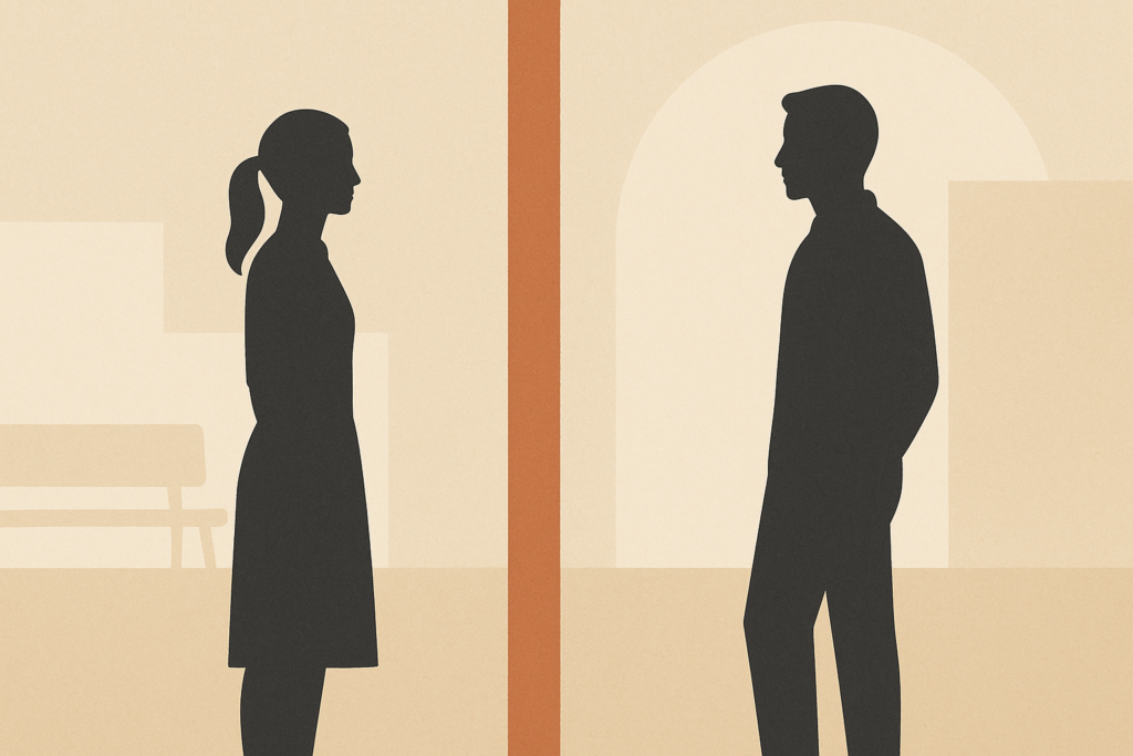 Two minimalist silhouettes separated by a clay-brown beam representing tension and hesitation in modern public interaction.