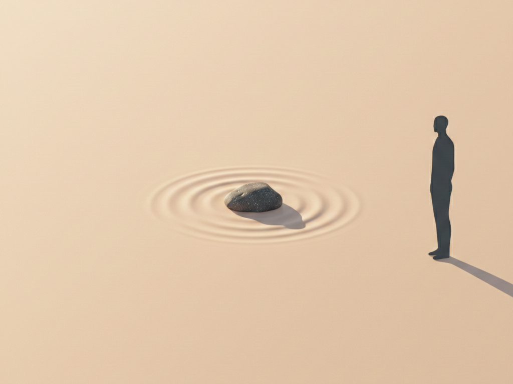 Minimalist illustration of a single stone creating a soft ripple on a calm surface, with an abstract human silhouette observing from the edge, symbolizing beginning where you are.