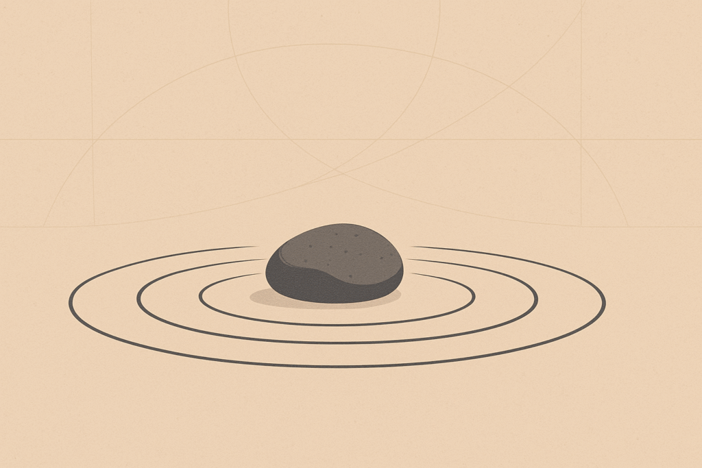 Minimalist warm-sand illustration of a small stone creating a single ripple, symbolizing steady routine and disciplined repetition.