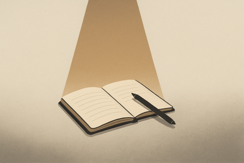 Minimalist illustration of an open notebook and pen under a focused clay-brown beam of light, symbolizing the gift of focus and intentional attention.