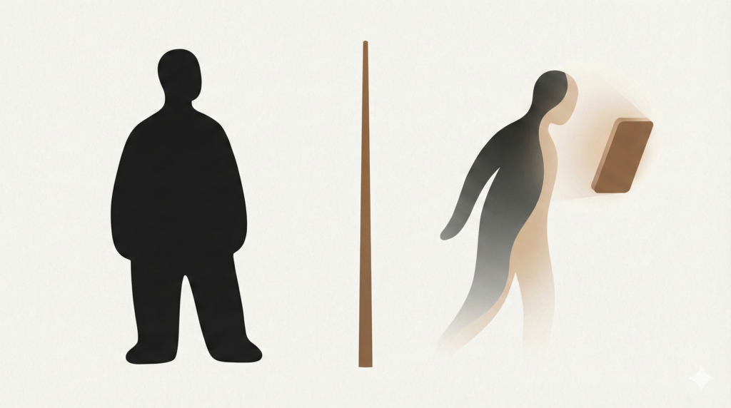 Minimalist illustration of two abstract silhouettes standing apart, separated by a clay-brown vertical beam symbolizing boundaries and respect.